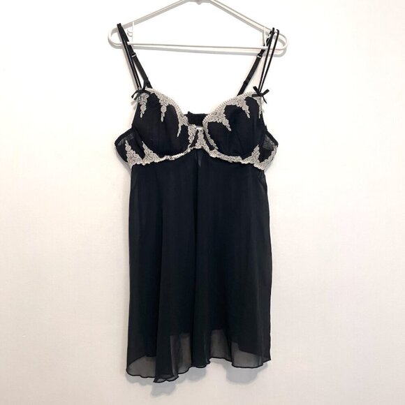 DELICATES Black Cream Ivory Lace Trim Underwired Semi Sheer Babydoll Lingerie L - Picture 2 of 14